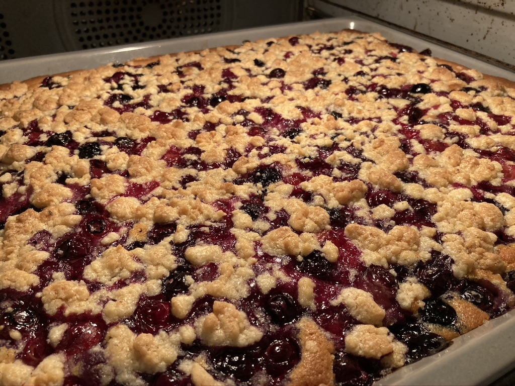 Fertig gebackener Streuselkuchen mit geplatzten Heidelbeeren.