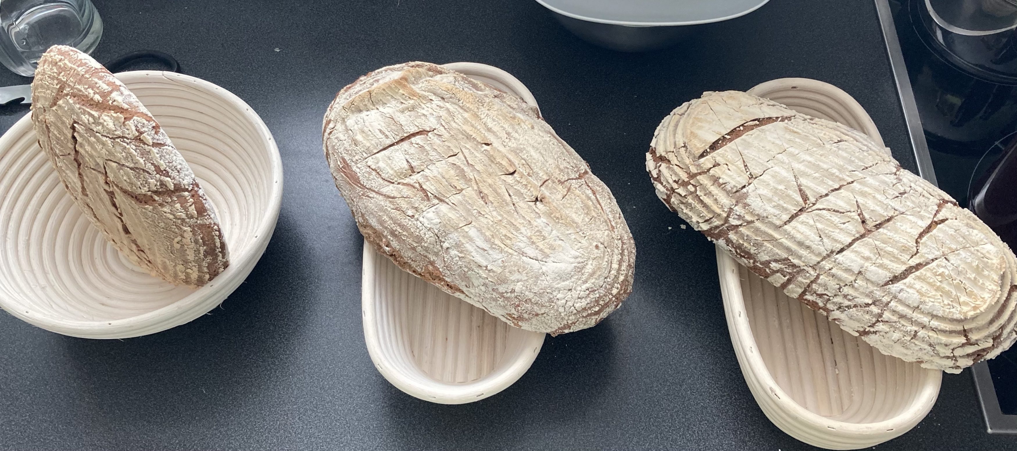 Kleine Gärkorbbrote im Vergleich. Knuspermischung, Dinkel-Vollkorn und Sauerteigbrot.